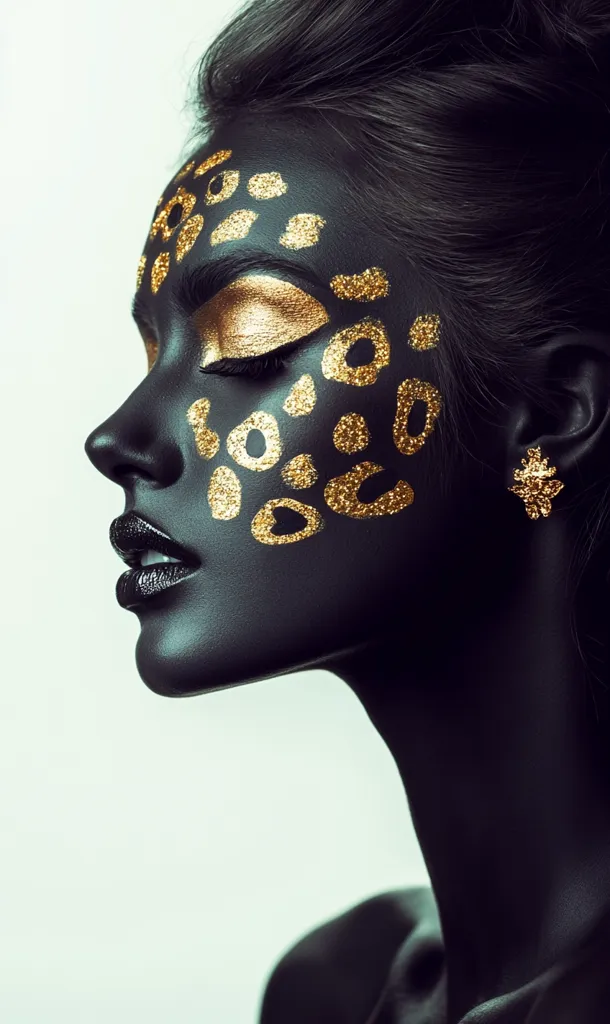 The image showcases a woman with black skin and black hair. Her face is painted with a gold leopard print design, and her eyes are closed. She wears a gold earring in her right ear and is dressed in a black garment. The lighting is dramatic, highlighting the contrast between her dark skin and the gold paint. The overall effect is striking and powerful, suggesting a sense of mystery and strength.