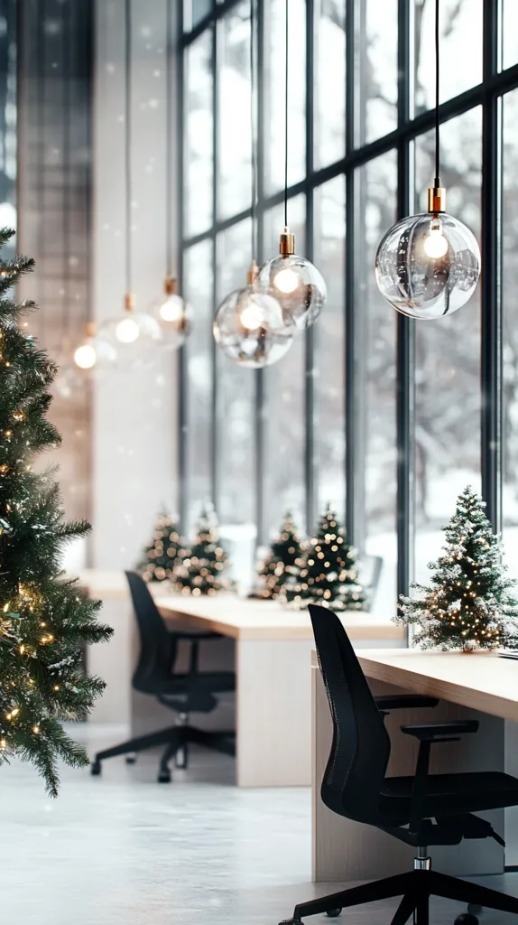 The image showcases a modern office space adorned with Christmas decorations. A large window reveals a snowy winter scene outside.  Several small Christmas trees with twinkling lights add festive cheer, while sleek black office chairs and a white table create a minimalist setting.  Pendant lights with large glass globes hang from the ceiling, casting a warm glow over the room.  The overall ambiance is one of sophisticated elegance and holiday spirit.
