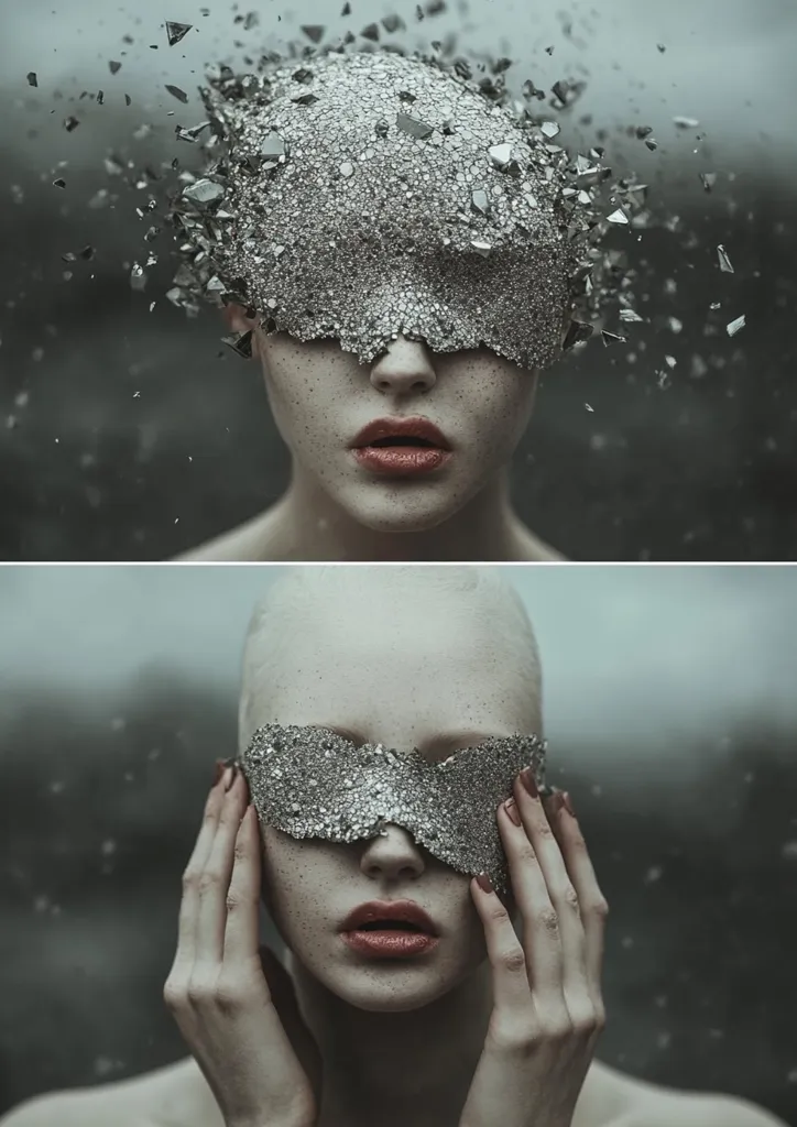 The image depicts a woman with a unique, sparkly mask covering her eyes.  In the first image, the mask is part of her head, which is crumbling away, leaving only the mask behind. In the second image, she is holding the same mask over her eyes, with a very pale, neutral expression. Both images have a dark and mysterious tone.