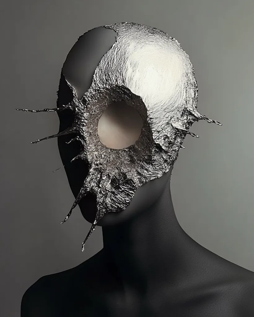 A mannequin is wearing a silver mask that covers most of its face, leaving only an oval-shaped opening around the eyes visible. The mask is textured and appears to be made of metal, with a sharp, jagged edge. The mannequin's body is painted black, contrasting with the silver mask. The image has a dark and mysterious feel, with the mask suggesting an unknown identity.