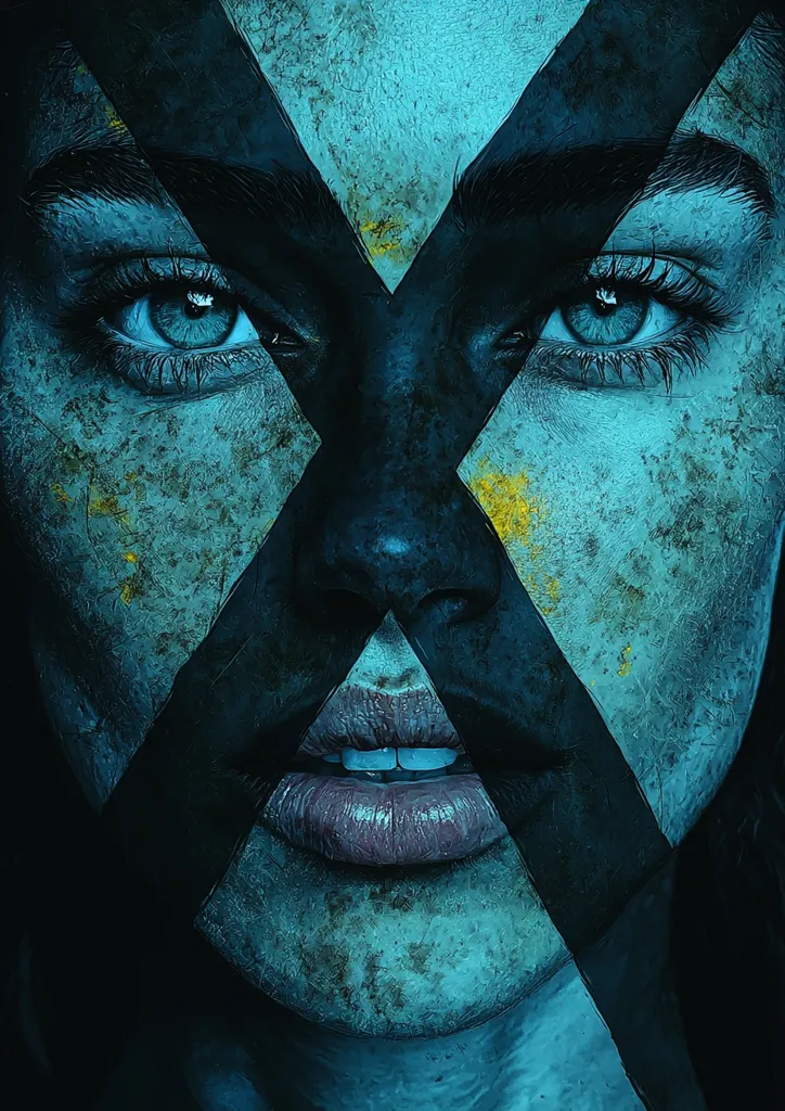 A close-up of a woman's face, the image is darkly lit with a grunge style.  Her skin is painted in shades of blue with a bold black X shape cutting across her face,  Her eyes are piercing and focused. The image creates a strong sense of intensity and power.