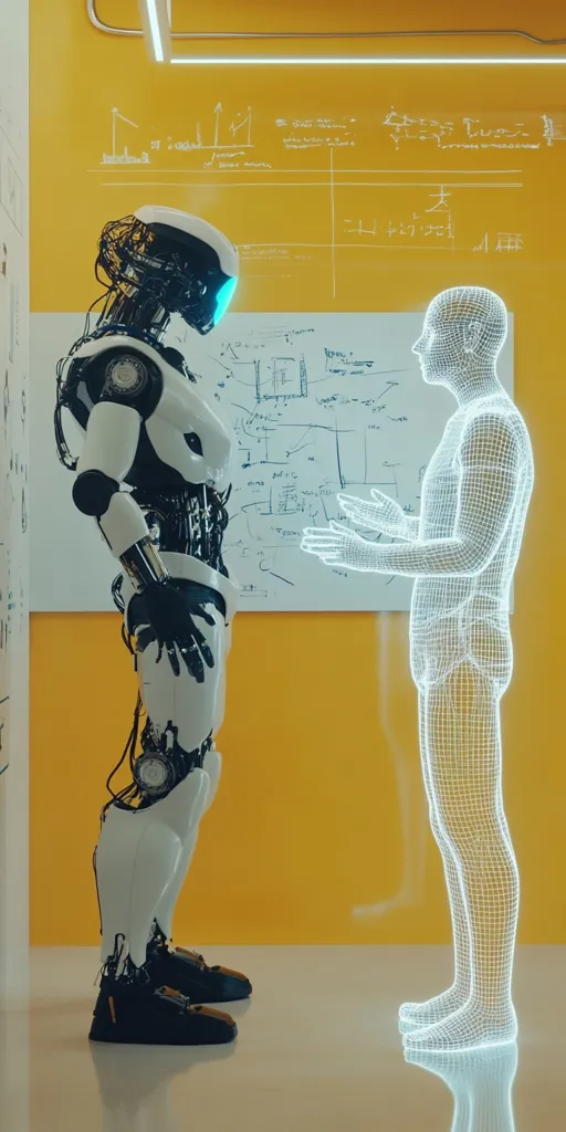 A humanoid robot stands to the left of the image, facing a transparent, wireframe human figure on the right. Both figures appear to be engaging in conversation. The robot is wearing a white and black suit, while the human is composed of a glowing, wire-mesh structure. The background is a bright yellow wall with a white board covered in scribbles and diagrams. The scene suggests a futuristic interaction between artificial intelligence and humanity.