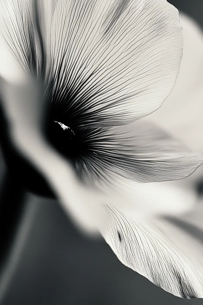 A black and white close-up photograph of a flower's delicate petals. The image is focused on the intricate veins and texture of the petals, creating a sense of fragility and beauty. The background is blurred, drawing attention to the flower's details. The light and shadow play creates a dramatic and artistic effect.