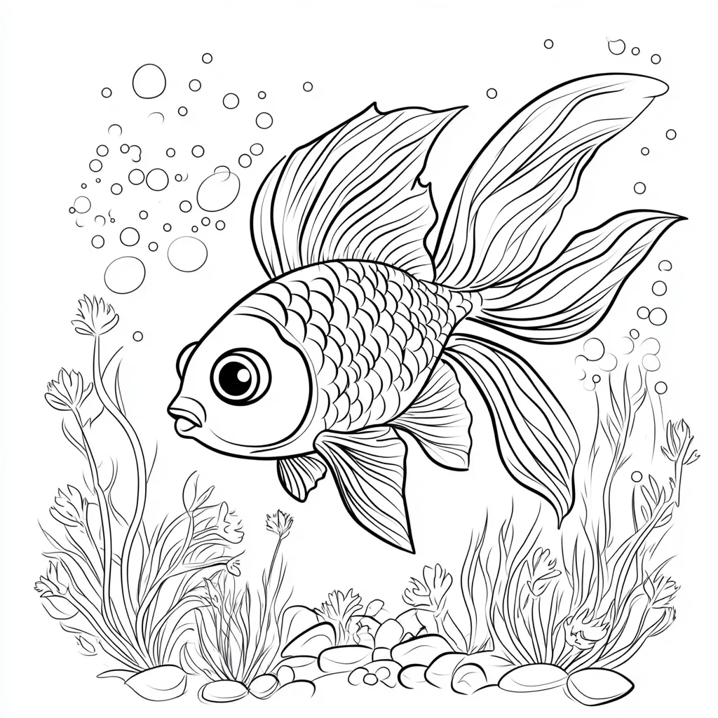 A detailed line drawing of a goldfish with large, round eyes swimming in an underwater scene. The goldfish is depicted with fins flowing gracefully behind it, while bubbles rise from the water above.  Surrounding the fish are delicate aquatic plants and smooth stones, adding to the peaceful atmosphere of the underwater world.