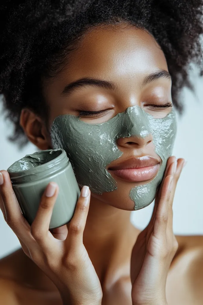A young woman with dark curly hair is applying a green facial mask. She is holding a container of the mask in her left hand and gently touching her face with her right. Her eyes are closed and she appears to be relaxed and enjoying the experience.  The light in the image is soft and warm, creating a serene and inviting atmosphere.  The woman's skin is smooth and glowing, highlighting the beauty and benefits of skincare.