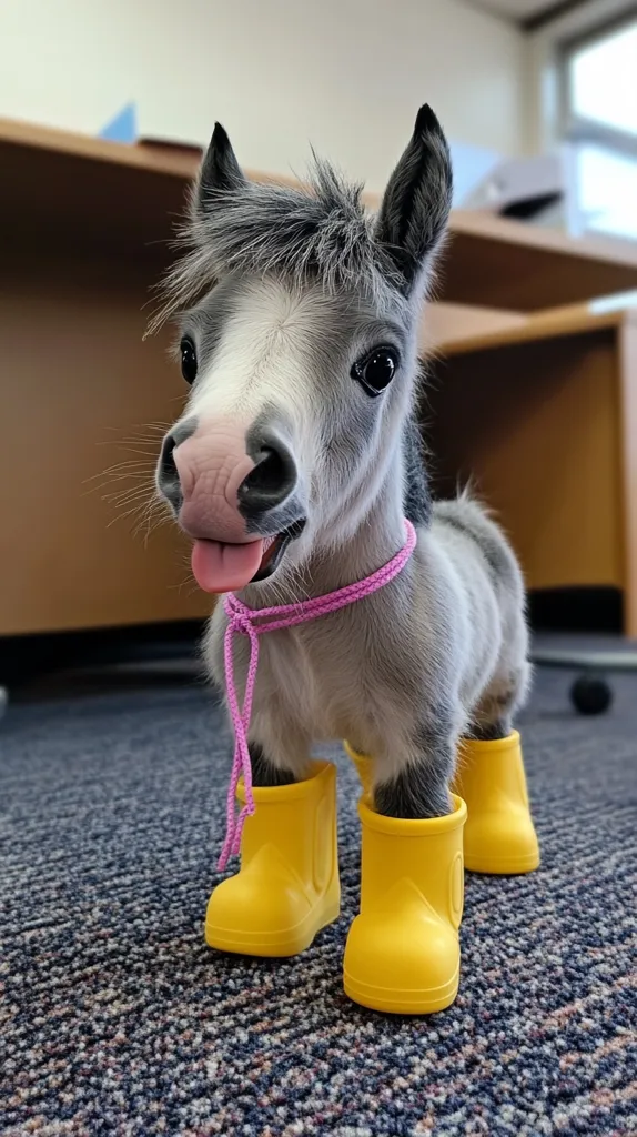 A small, grey and white horse with a pink leash around its neck, is wearing yellow rain boots. The horse is standing on a carpet and has its tongue sticking out. It is looking at the camera with a playful expression. The horse's fur is soft and fluffy. The boots are a bright yellow and are a perfect fit for the horse's small hooves. The horse's eyes are bright and full of life.  The horse is a miniature horse, also known as a miniature pony. It is a small breed of horse that is known for its friendly and playful personality.  The horse is a delightful sight, and it's clear that it's enjoying its new boots.