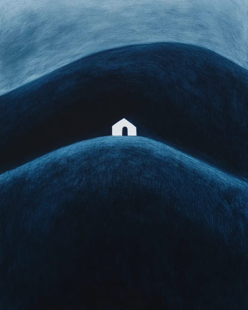 A simple, minimalist illustration of a small white house nestled atop a rolling blue hill. The house is outlined in white, with a single door, and sits in the center of the image, with a muted blue sky above.  The image evokes a sense of peace and solitude.