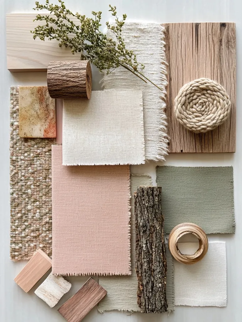 A flat lay of various materials arranged on a white surface. The materials include wood, fabric, and rope. There are different textures and colors, including brown, beige, pink, and green. The composition is simple and elegant, highlighting the natural beauty of the materials.  A sprig of dried greenery adds a touch of nature.  This arrangement could be a mood board or a design inspiration for home decor.