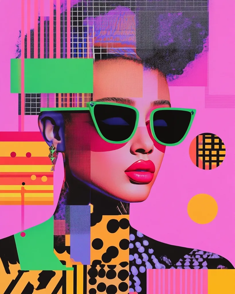 A woman with a large afro wearing bright green sunglasses and pink lipstick is depicted in this collage artwork. She has a pink background with yellow, red, green, and blue geometric shapes. The woman's face is the central focus, surrounded by vibrant colors and patterns that create a retro, digital aesthetic. The overall impression is one of bold style and playful energy.