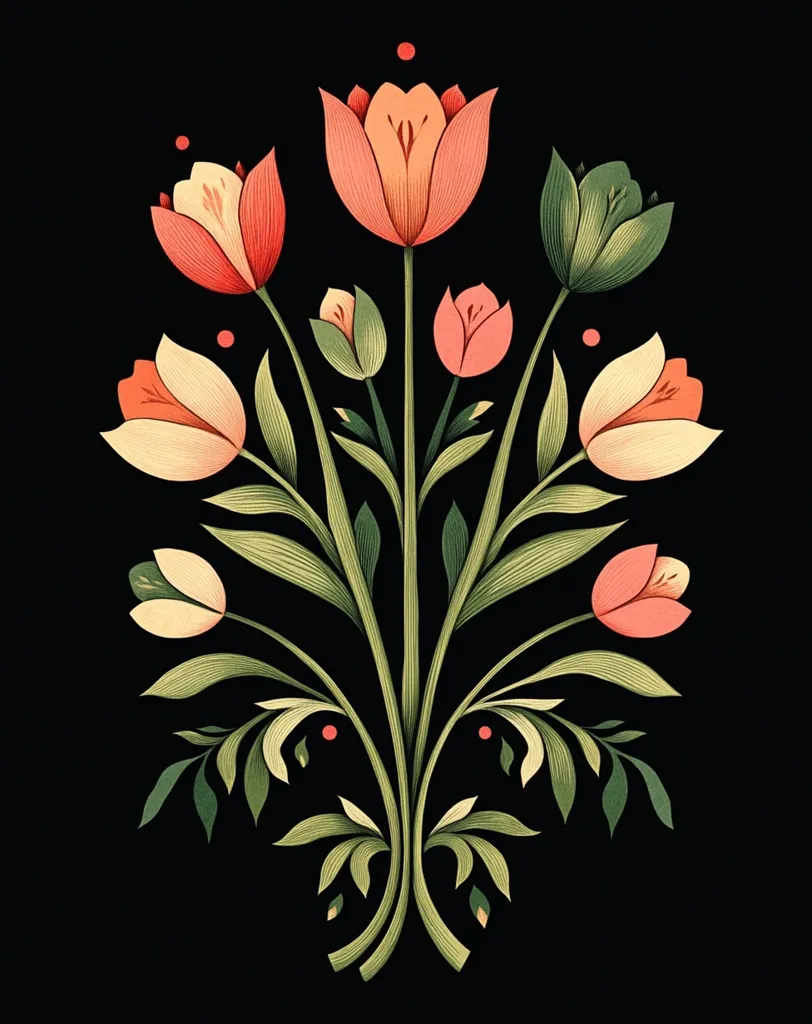 A stylized floral arrangement with a symmetrical composition. The central focus is a cluster of tulips, in varying shades of pink and cream, with delicate green foliage and small red dots throughout. The design has a classic, almost art nouveau aesthetic, with sharp lines and a minimalist approach to detail. The image creates a sense of elegance and sophistication against a dark background.