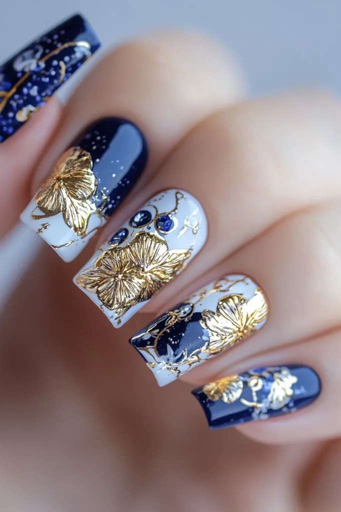A close-up shot of a hand with five nails painted in a beautiful, intricate design. Each nail features a base of navy blue or white polish, adorned with intricate golden floral patterns and some blue glitter accents. The nails are long and oval-shaped, creating a polished and elegant look.