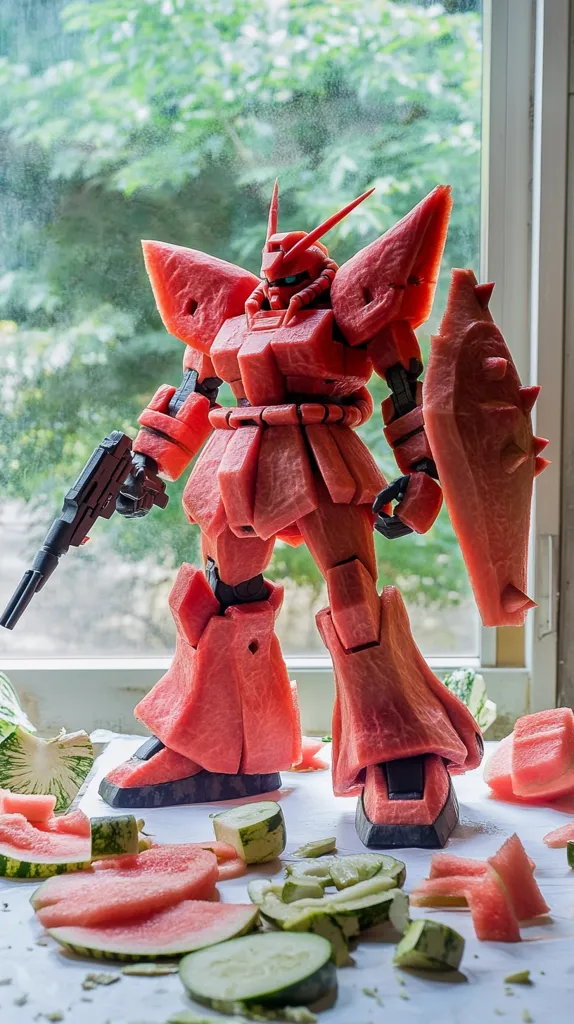 A watermelon Gundam stands tall, carved into the likeness of a classic mecha. The robot holds a gun in its left hand, and a shield in its right. Watermelon rinds and cucumber slices lie scattered around the Gundam, as if it has been fighting a battle. The scene is captured in a bright, well-lit space with a window in the background.