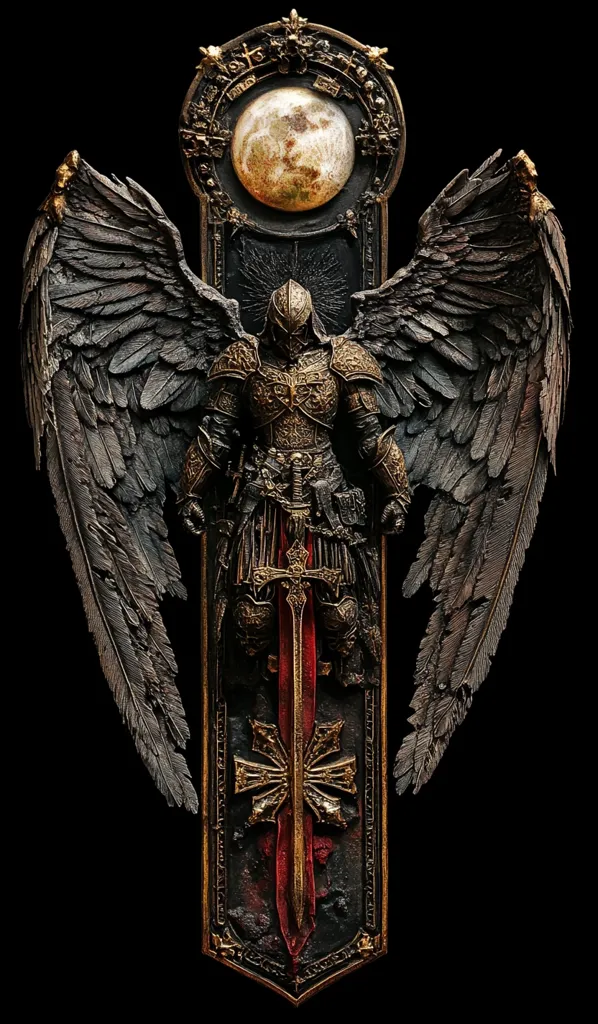 The image features a dark and intricate metal sculpture depicting an angel. The angel is adorned with golden armor and a sword, and its wings are large and feathered. The sculpture is set against a black background, and a circular moon-like ornament is visible at the top. The overall tone of the image is gothic and mysterious.