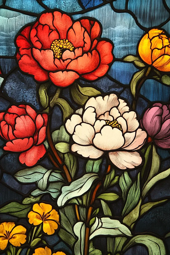 This image depicts a stained glass window depicting a bouquet of flowers.  The vibrant colors of red, yellow, white, and purple are set against a dark blue background, giving the flowers a sense of depth and texture. The leaves are green and black, adding contrast and realism. The flowers are stylized and elegant, reflecting the craftsmanship of the artist.  The scene is reminiscent of a garden, where the flowers are in full bloom.