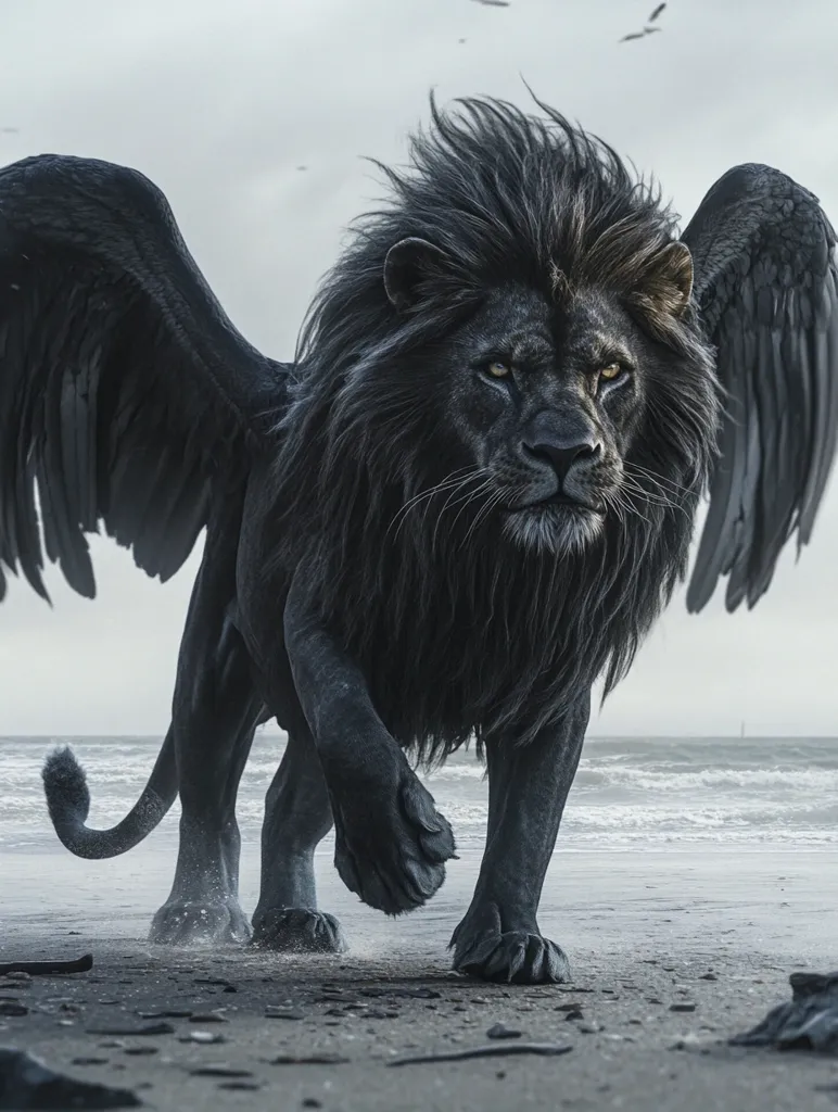 A majestic black lion with large wings stands on a sandy beach, its powerful form and piercing gaze evoke a sense of both beauty and strength. The lion's black fur is highlighted by the soft lighting, and its wings are spread wide, creating a striking contrast against the gray sky. The image captures a moment of quiet power, as the lion appears to be surveying its surroundings with an air of regal confidence.