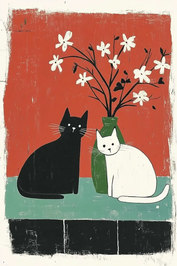A black cat and a white cat sit side-by-side in front of a vase of white flowers. The vase is green and the background is a vibrant red. The cats are facing forward, the black cat is to the left and the white cat is to the right. The artwork is stylized, with bold outlines and flat colors. The cats are both sitting with their tails curled under them, looking up at the flowers.