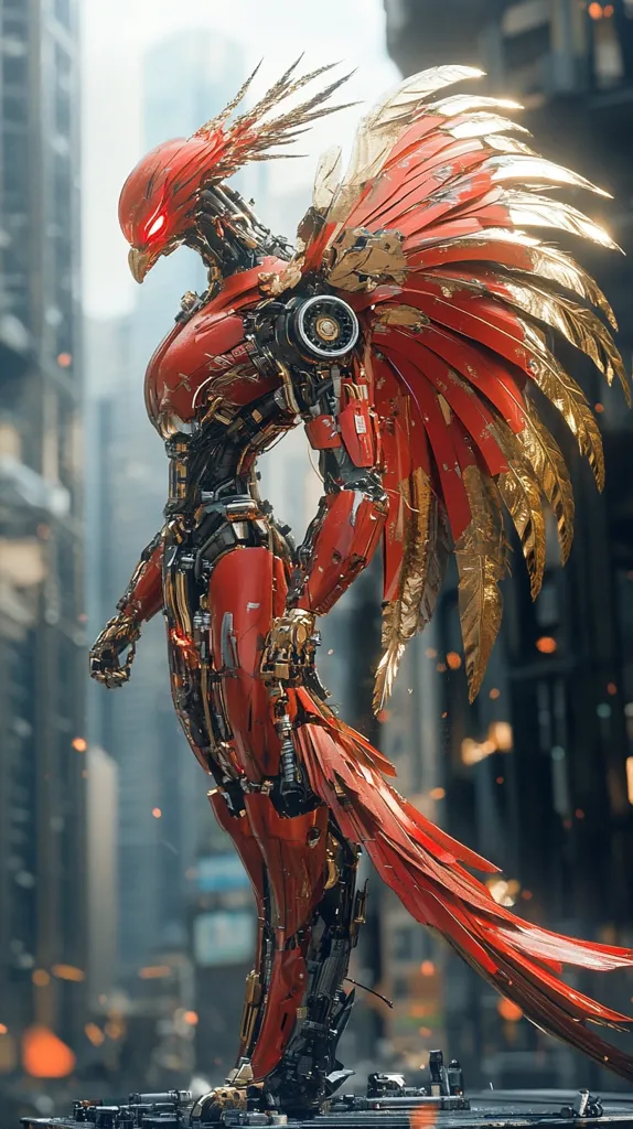 The image shows a futuristic, mechanical phoenix standing in a city. It is made of red and gold metal, with intricate details and a powerful, dynamic pose. The phoenix's wings are spread out, showcasing its impressive scale and the intricate details of its feathered design. The background features blurred city buildings, creating a sense of depth and scale. The image evokes a sense of power, strength, and the potential for future technologies.