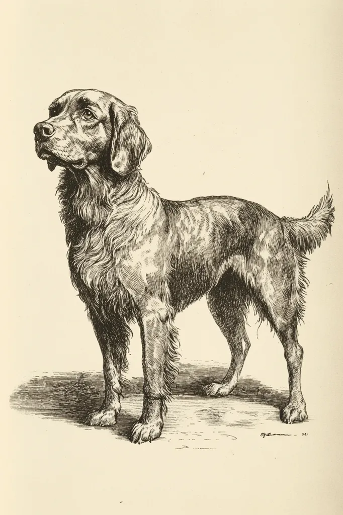 A black and white line drawing of a dog. The dog has a long, pointed snout and floppy ears. It is standing with its front legs slightly bent, and its tail is curled around its hind legs. The dog is shown in profile, looking to the left. The background is a light, faded color.