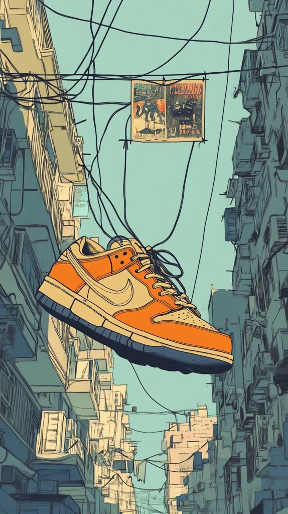 The image shows a cartoon illustration of a sneaker floating above a densely packed urban cityscape. The sneaker is orange and white and appears to be suspended by a network of wires that crisscross the buildings. The buildings are drawn in a simple, stylized manner, with a limited color palette of blues, yellows, and browns. The overall tone of the image is whimsical and slightly surreal.