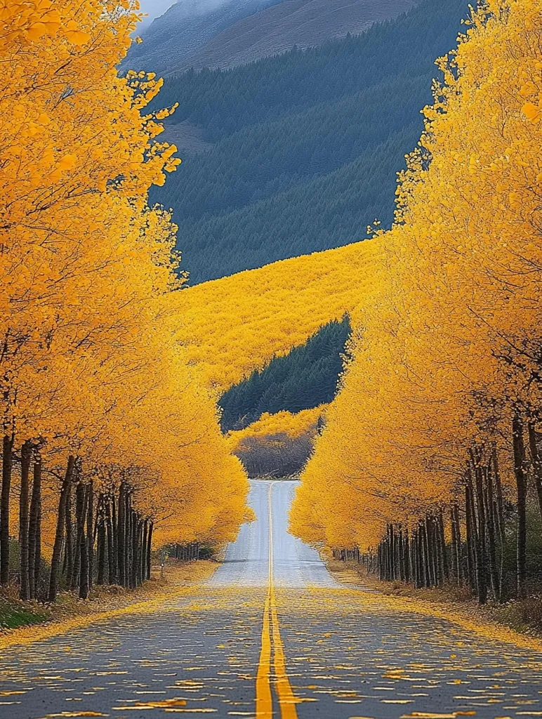 A paved road with yellow lines runs through a tunnel of golden trees. The trees are tall and slender, their leaves a brilliant yellow. The road is lined with fallen leaves, creating a beautiful golden path.  In the distance, the road leads to a distant hill covered in a layer of trees, their colors ranging from green to brown to gold. The sky is clear and blue. The scene is serene and peaceful, evoking a sense of tranquility.