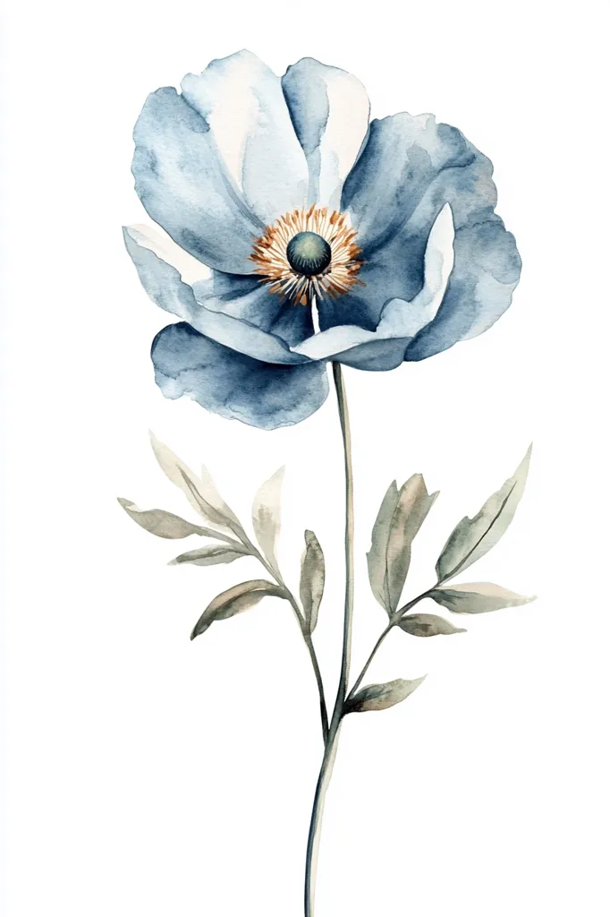 The image is a watercolor painting of a single blue poppy flower with a few green leaves. The flower is depicted with soft, blended colors, giving it a delicate and ethereal appearance. The background is white, allowing the flower to be the focal point. The painting conveys a sense of tranquility and natural beauty.