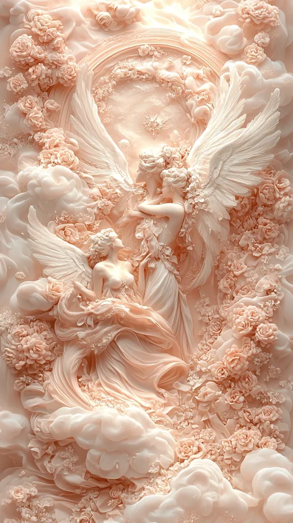 The image depicts two angelic figures, one with wings spread wide, both adorned in flowing robes and surrounded by delicate, sculpted flowers and clouds. The composition is intricate and reminiscent of a bas-relief, with a soft, ethereal palette of peach and cream.  The overall feel is one of celestial beauty and gentle serenity.