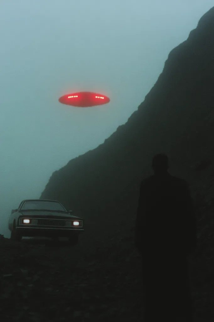 A red UFO hovers over a dark, misty landscape. A silhouette of a person stands beside a black car with headlights shining in the fog. The scene is eerie and mysterious, hinting at an unknown encounter.