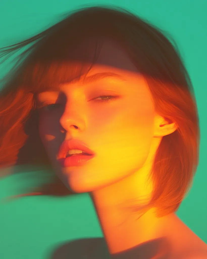 The image shows a close-up portrait of a young woman with short, reddish-brown hair. Her face is illuminated by a warm, golden light that creates a soft, ethereal glow. The woman's eyes are closed, and her lips are slightly parted, suggesting a sense of tranquility and peace. The background is a vibrant teal green, providing a striking contrast to the warm tones of the woman's face. The image has a dreamy and surreal quality, capturing a fleeting moment of beauty and serenity.
