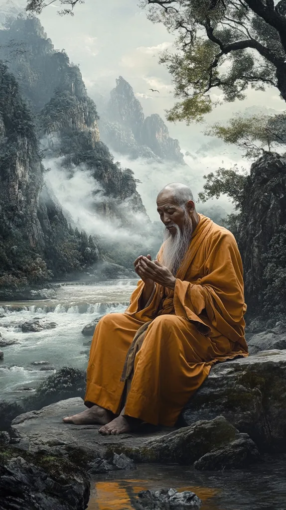 An elderly man with a long white beard, dressed in orange robes, sits on a large rock near a flowing river. He has his hands clasped together and appears to be in deep thought. Misty mountains rise in the background, with trees lining the water's edge. The scene exudes tranquility and a sense of spiritual contemplation.
