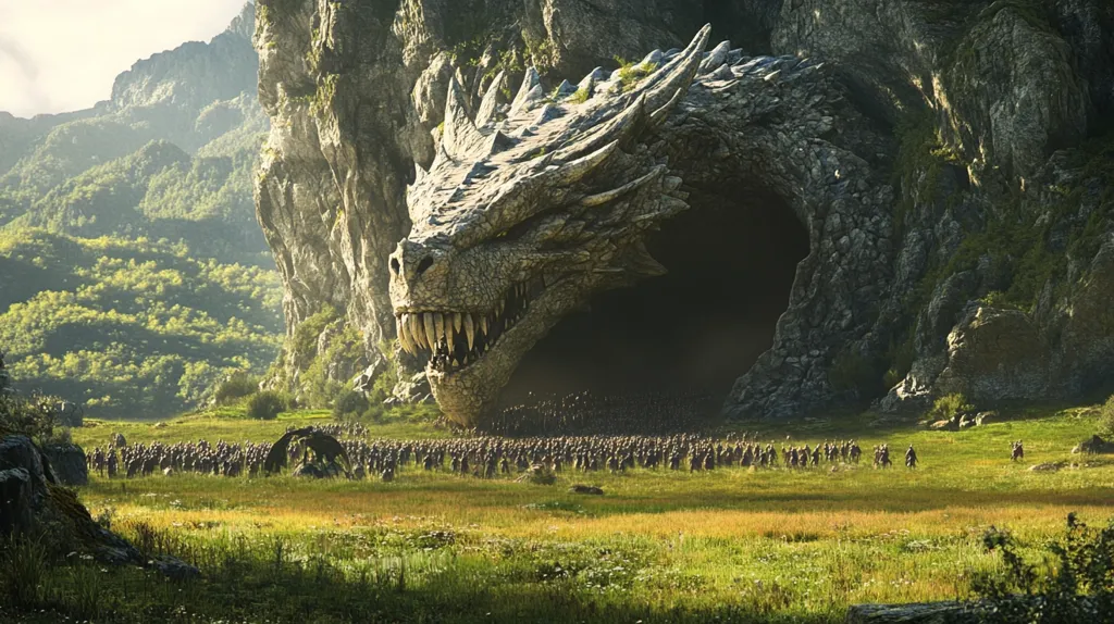 A giant dragon’s head emerges from a rocky mountainside, its mouth open in a menacing roar.  An army of soldiers stands in a field below, looking up in fear at the colossal creature. The scene is bathed in a soft, golden light, casting long shadows across the landscape. The image depicts a mythical battle between humans and a dragon, a timeless tale of good versus evil.