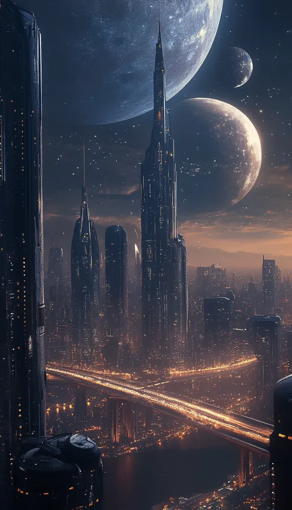 A futuristic city skyline is illuminated by the soft glow of streetlights and distant stars. The city is dominated by tall, slender skyscrapers, with a massive, central tower reaching towards the sky. Two large moons hang in the night sky, casting an ethereal glow over the scene. The city appears peaceful and serene, with a sense of quiet contemplation in the air. The image evokes a sense of wonder and possibility.