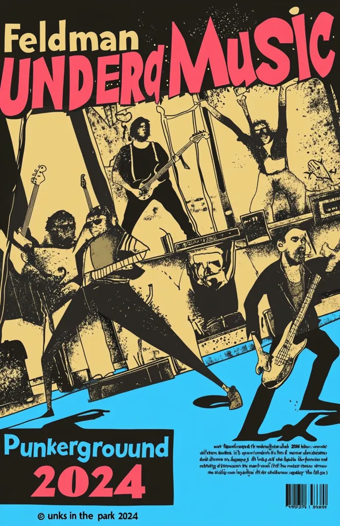 The poster is for a music event called "Feldman Underground Music Punkerground 2024" and features a silhouette of a band playing on stage. The band consists of four members, including a lead singer, a guitarist, a bassist, and a drummer. They are performing in front of a crowd, which is suggested by the silhouettes in the background. The poster has a dark, edgy aesthetic, with bold text and contrasting colors. It conveys a sense of excitement and energy.