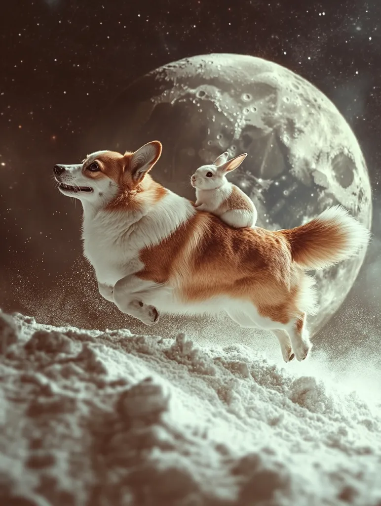 A corgi dog leaps through the air with a white rabbit perched on its back. The dog is in mid-air, with its paws outstretched, and the rabbit is looking ahead with its ears perked up. The background is a dark sky with a large, full moon. The dog and rabbit are silhouetted against the moon, and the snow is flying around them. The image is a whimsical and playful depiction of friendship and adventure.
