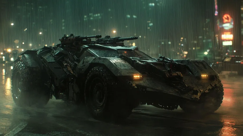 The Batmobile, a dark and imposing vehicle, is parked in the middle of a rainy city street.  The vehicle's sleek design and powerful build are highlighted by the soft glow of streetlights and the glistening raindrops. The dark background and the ominous rain create a sense of danger and mystery.  The car's muscular silhouette and intimidating features suggest a powerful and aggressive presence, perfectly embodying the spirit of Batman.  This image captures the essence of a superhero's world, where justice prevails in the face of adversity.