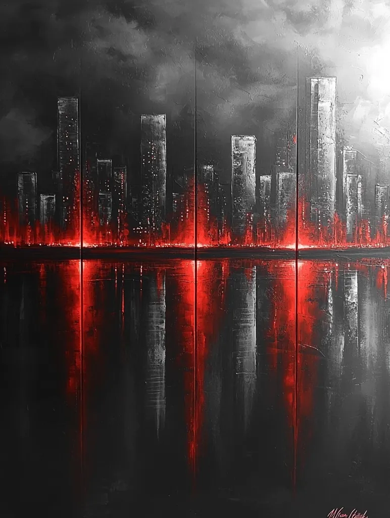 The image is an abstract painting of a city skyline. The city is depicted in shades of gray, with the buildings forming a series of vertical lines. The skyline is reflected in a body of water, which is a vibrant red color. The overall effect is one of stark contrast and dramatic beauty.