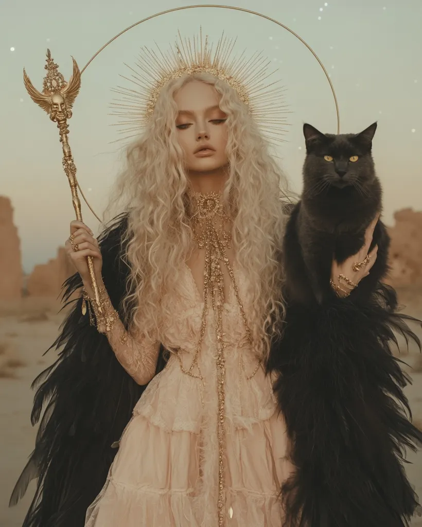 A woman with long blonde hair, adorned in a golden crown and intricate jewelry, stands holding a golden staff. She wears a flowing pink gown and a black feathered cloak. A black cat sits beside her, adding a touch of mystery. The scene is bathed in warm light, creating an ethereal atmosphere.