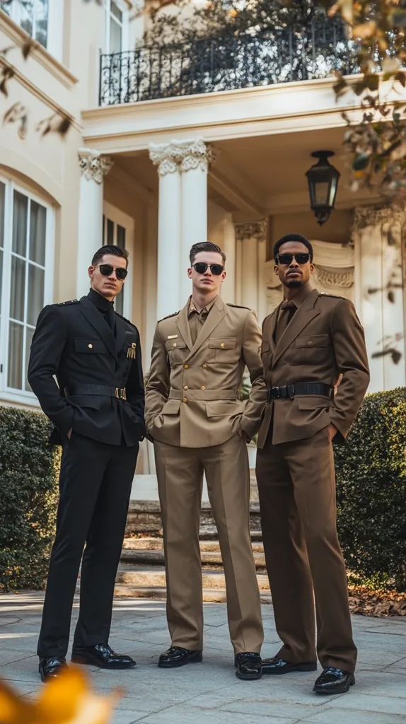 Three men stand in front of a large house, all wearing military-style uniforms and sunglasses. The man on the left wears a black suit, the middle man a tan suit, and the man on the right a brown suit.  The man on the left has a serious expression, while the other two have more relaxed expressions. They are standing on the stone steps leading up to the house, and there are trees and bushes in the background. The image evokes a sense of formality and power.