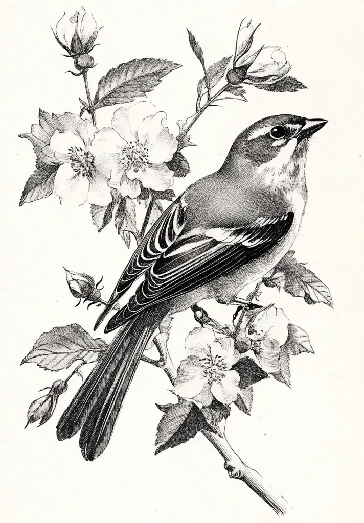 The image depicts a black and white drawing of a bird perched on a branch of a flowering bush. The bird's feathers are detailed with intricate lines, showcasing its delicate features.  The flowers are in full bloom, with their petals spread out in a graceful manner.  The image is a classic example of botanical illustration, capturing the beauty and detail of nature.