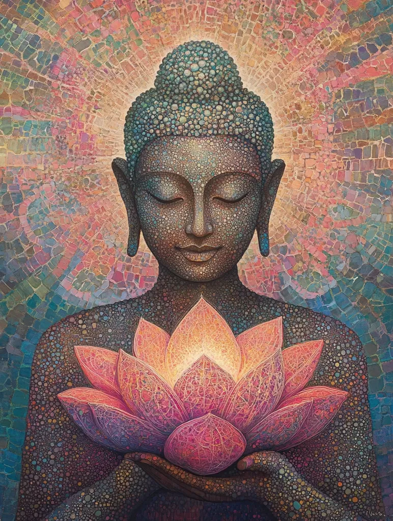 The painting depicts a serene Buddha with closed eyes, radiating a soft glow. He holds a large, pink lotus flower in his hands, representing purity and enlightenment. The intricate mosaic-like background adds a sense of depth and spirituality. The overall tone is calm and contemplative, evoking a feeling of peace and inner harmony.