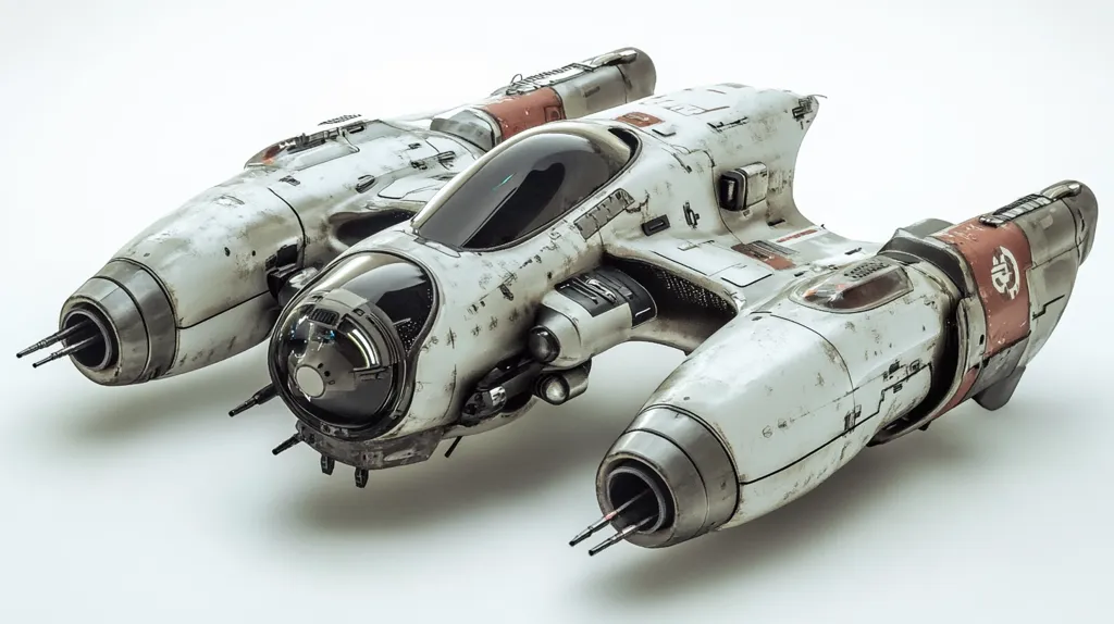 A futuristic spacecraft, predominantly white with rust-colored accents, rests on a plain white background. Its design is sleek and aerodynamic, featuring a prominent cockpit, two large engines, and a series of smaller details that hint at its technological prowess. The spaceship exudes a sense of age and wear, adding to its rugged and intriguing aesthetic.