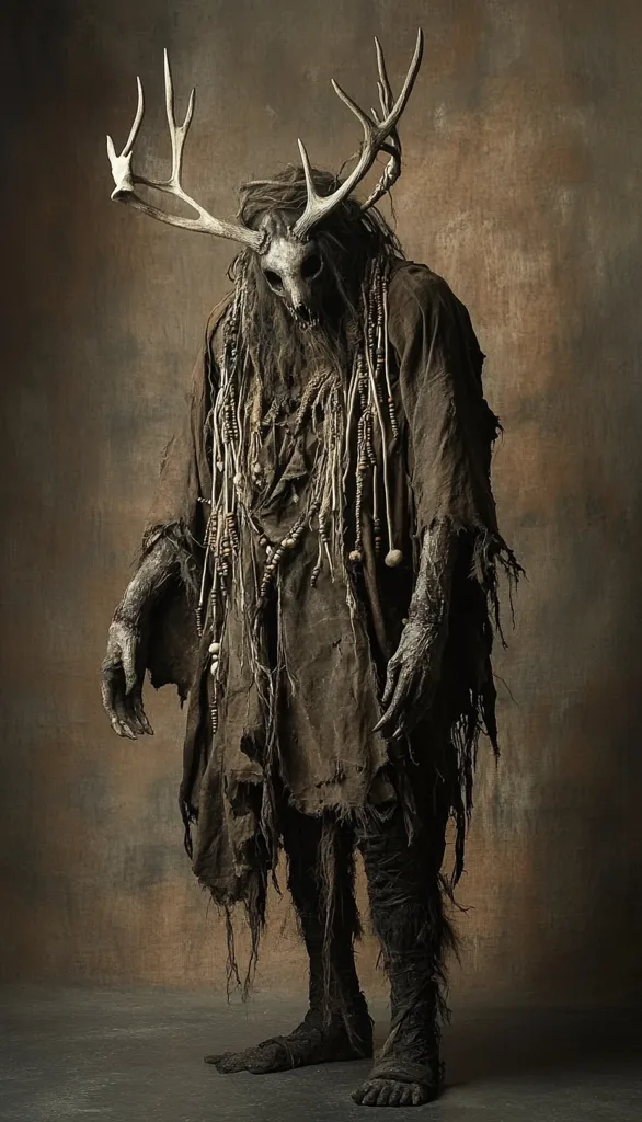 A monstrous, humanoid figure with large antlers and a tattered, decaying robe stands against a brown backdrop. It wears a skeletal deer mask and is covered in long strands of hair and vines. Its feet are clawed and its hands are skeletal, adding to its menacing appearance. The image conveys a sense of ancient folklore and a primal, haunting presence.