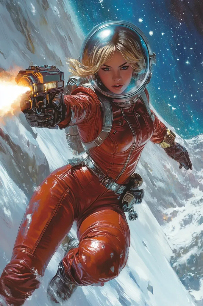 A woman in a red spacesuit and helmet is holding a futuristic gun that is firing a stream of energy.  She is in mid-air, perhaps falling from a height, or perhaps flying through space.  The background is a snowy, mountainous landscape with a starry sky.  She has a determined expression on her face.