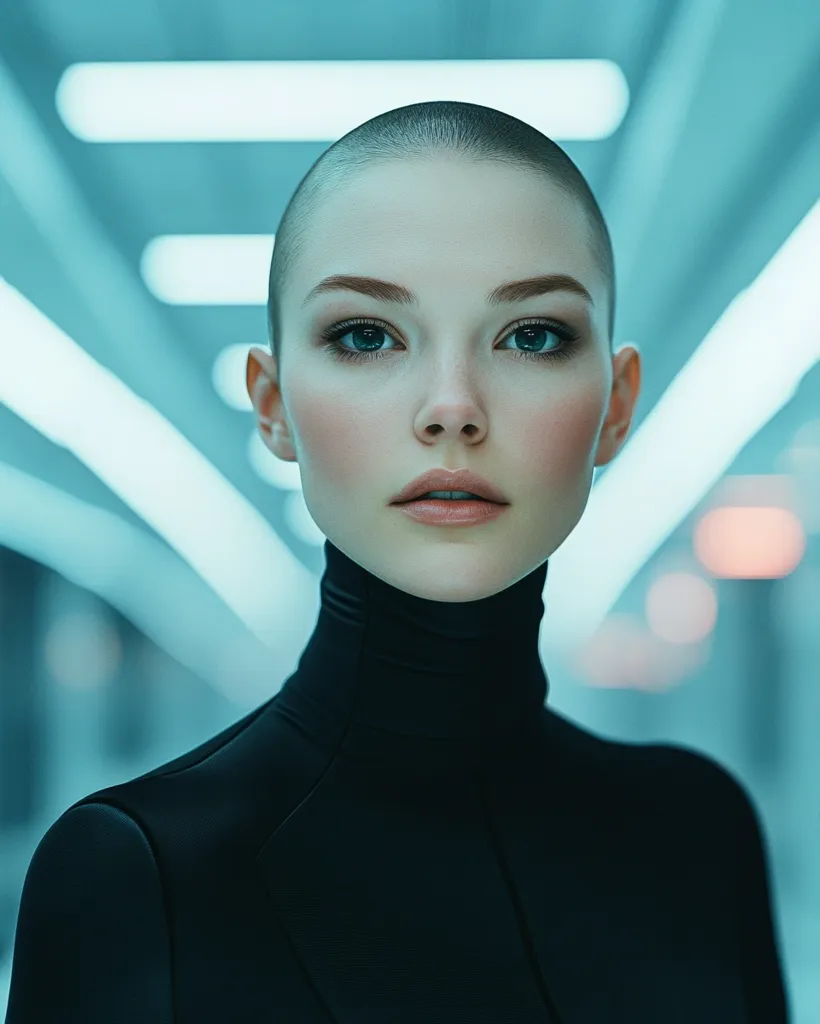 A woman with a shaved head stares intently at the camera. She is wearing a black turtleneck and her face is illuminated by a soft blue light. The background is blurred and abstract, creating a sense of mystery and intrigue. The overall tone of the image is cool and modern.