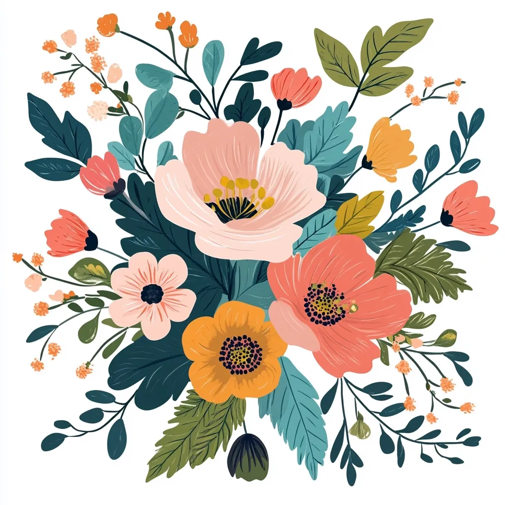 A vibrant floral bouquet with large, pink, orange, and red flowers. The bouquet is surrounded by lush green leaves and small, delicate flowers. The colors are bright and cheerful, creating a sense of joy and celebration. The image evokes a feeling of spring and new beginnings.