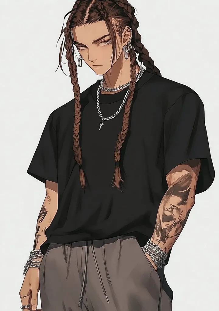 The image depicts a young man with long, brown braids that reach past his shoulders. He wears a black t-shirt with silver chains and a cross pendant, and grey sweatpants. His right arm is adorned with a detailed tattoo. He has a serious expression on his face and piercing brown eyes.  His style is edgy and modern, with a focus on accessories. The image is drawn in an anime style, with a focus on detail and vibrant colors.  The background is a simple white, which allows the focus to be on the subject.  The overall effect is one of cool and stylish confidence.