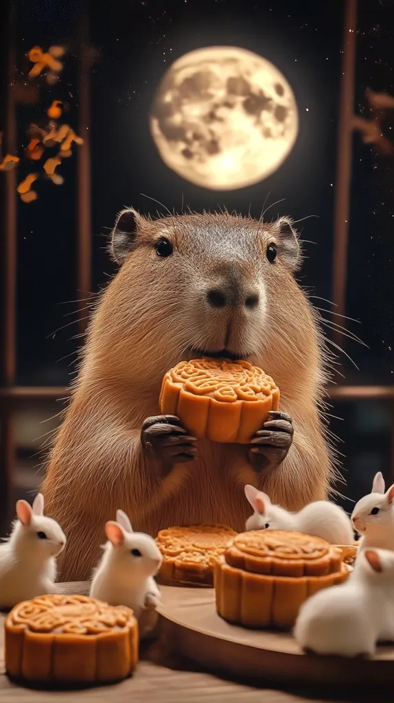 A large capybara sits in the foreground, enjoying a mooncake. The capybara has a soft, brown coat and is surrounded by white rabbits, also munching on mooncakes. The scene is lit by a large, bright moon in the background. There are other mooncakes scattered on a wooden table in front of the animals.
