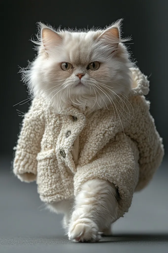 A fluffy white cat with a serious expression walks toward the camera, dressed in a white furry coat. The coat has a hood and buttons and is very similar in texture to the cat's fur. The cat's paws are hidden by the coat. The background is a blurred dark gray.