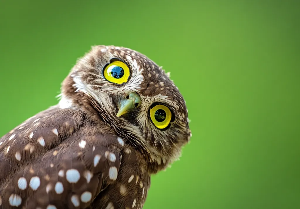 A small, brown and white owl with bright yellow eyes looks directly at the camera.  The owl's head is tilted to one side, giving it a curious and slightly mischievous expression.  The background is a soft, out-of-focus green. The owl's feathers are soft and fluffy.