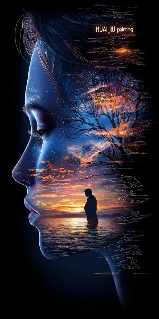 A surreal painting shows a woman's profile, her face filled with a starry night sky and a lone tree.  In the background, a silhouette stands at the water's edge, gazing at a fiery sunset on a calm body of water. The overall effect is dreamlike and evokes a sense of introspection and contemplation.