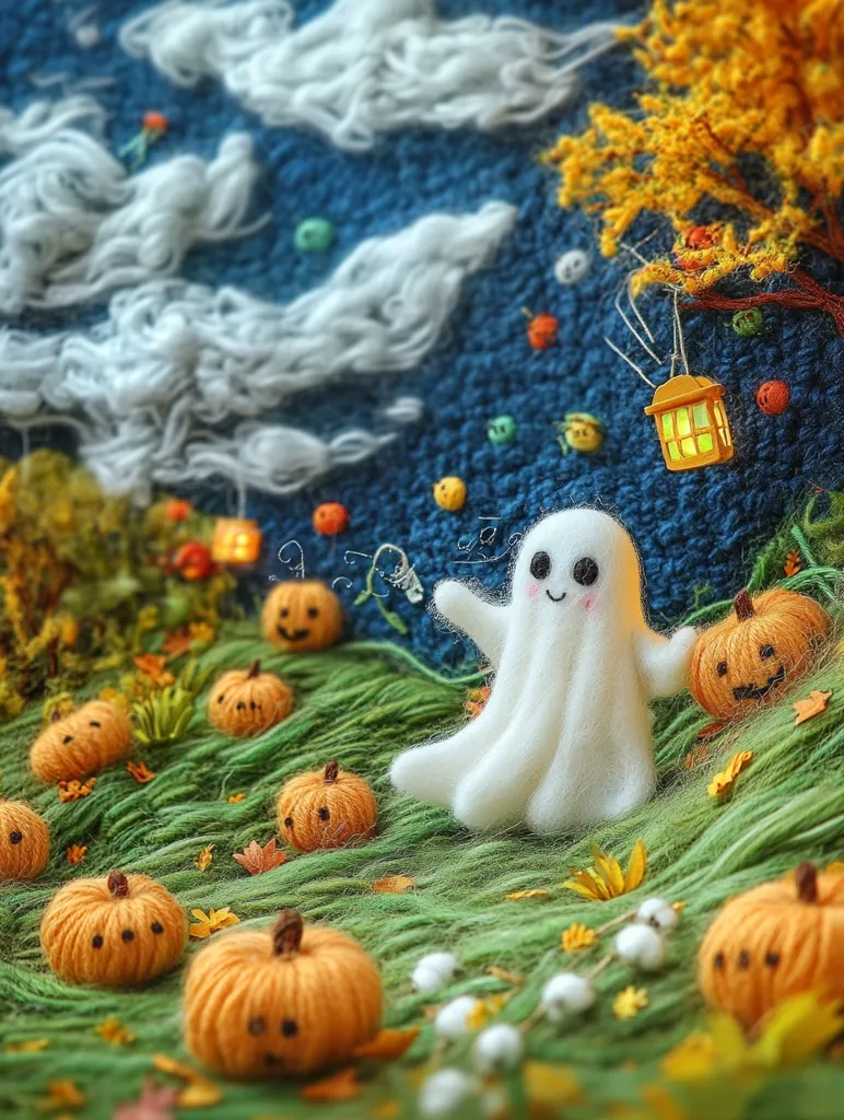 A white felt ghost with a smiling face stands in a field of felt pumpkins. The scene is crafted with wool felt and appears to be a whimsical interpretation of a Halloween night, with a felt tree in the background and fluffy white clouds in the sky. A small lantern hangs from the tree.
